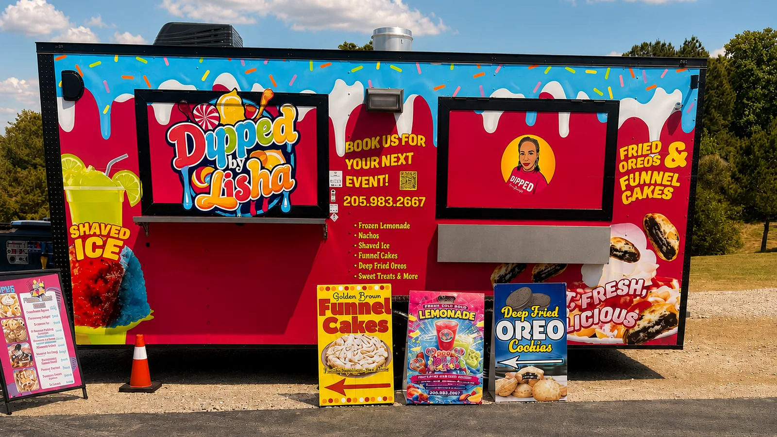 The hot-pink Dipped by Lisha dessert truck with its menu board and signs for funnel cakes, lemonade and deep-fried Oreos