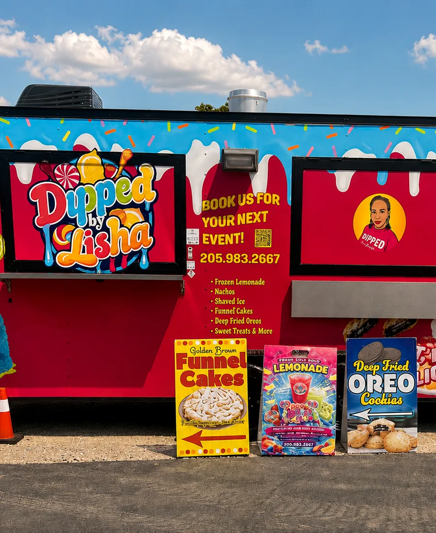 Close view of the Dipped by Lisha truck's serving window and menu board